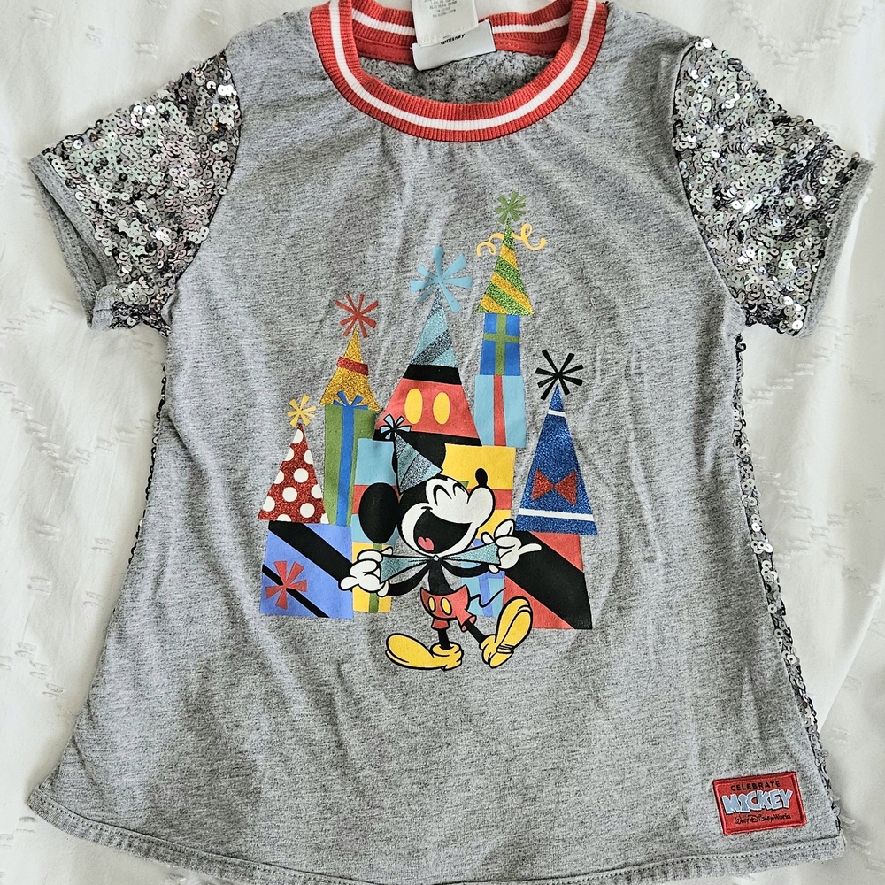 Disney Mickey Mouse Gray Tee with Sequin Sleeves